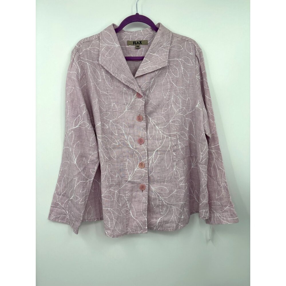 Flax Linen Long Sleeve Button Top Shirt Gingham Pink Purple Sz 1G (18-20) NEW